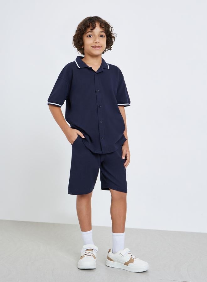 Styli Kids Navy Blue Knit Shirt and Shorts Set - Image 1